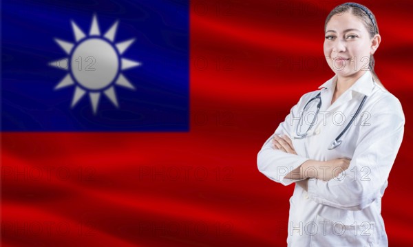 Female Doctor On Taiwanese Flag. Doctor With Crossed Arms On Taiwanese Flag. Taiwan Health And Care