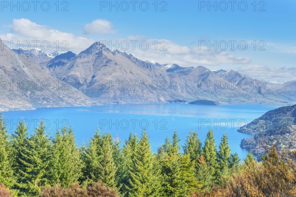 View across Lake Wakatipu and Remarkables Mountain Range, Queenstown, South Island, New Zealand,
