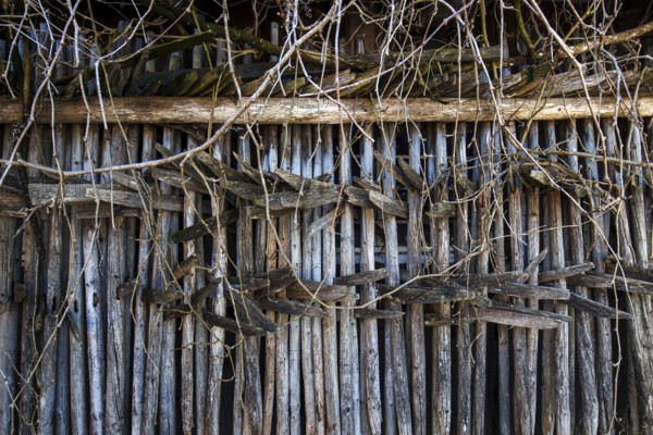 Diemen, wooden racks, wooden stands for drying hay at an old barn, Oberstdorf, Oberallgäu, Allgäu
