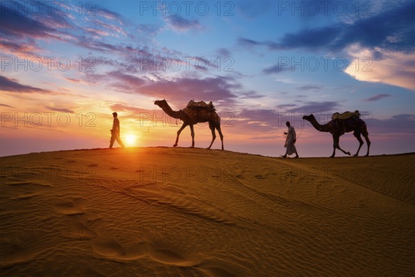 Indian cameleers camel drivers bedouin with camel silhouettes in sand dunes of Thar desert on
