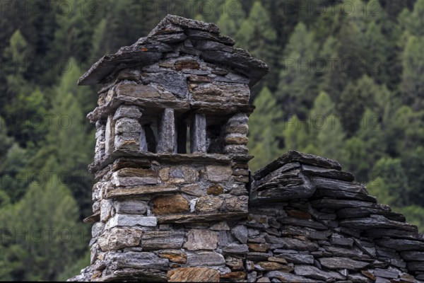 Chimney of a typical Ticino stone house, Mogno, near Fusio, Lavizzara, Canton Ticino, Switzerland,