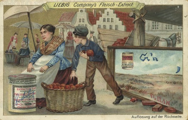 Picture series Picture puzzle, at the market, Liebig picture, digitally restored reproduction of a