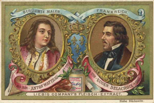 Picture series famous painters, France, Anton Watteau and Eugen Delacroix, Liebig picture,