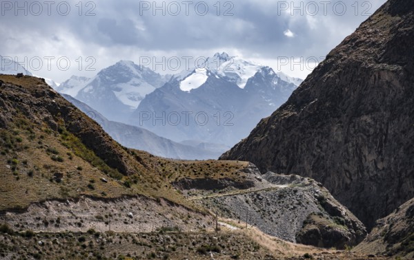 Picturesque mountain landscape with white mountain peaks, Tian Shan Mountains, Issyk-Kul,
