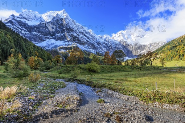 Stream, mountain landscape, maple trees, snowy mountains, sunny, autumn, Großer Ahornboden,