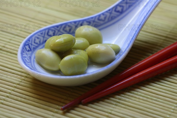 Edamame, unripe soya beans in an Asian ceramic spoon, Glycine max