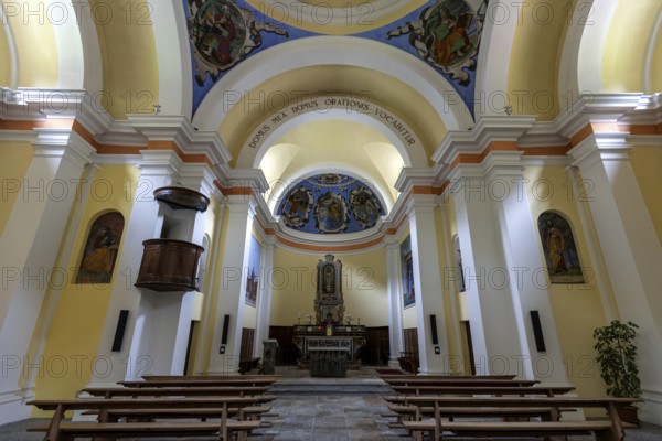 Church interior view in the village of Sonogno, Verzasca Valley, Valle Verzasca, Canton Ticino,