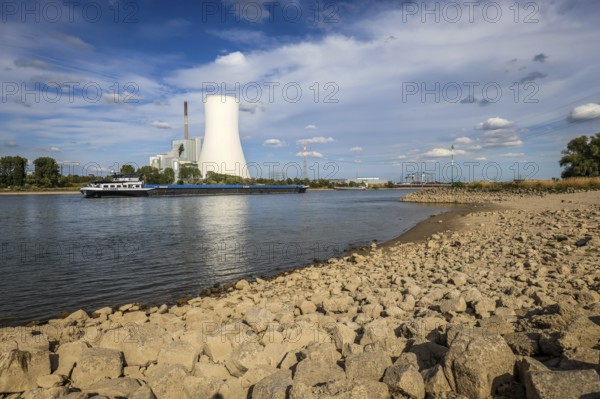 Rheinberg, Duisburg, North Rhine-Westphalia, Germany, Dry, stony riverbed in the Rhine with STEAG