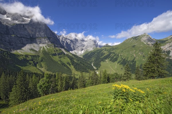 Spritzkarspitze and Grubenkarspitze, seen from Drijaggenalm, Karwendel Mountains, Tyrol, Austria,