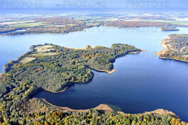 Aerial view over lake Schaalsee at Biosphärenreservat Schaalsee in autumn, fall,