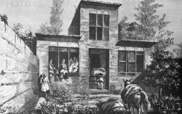 Persian house with garden, plants, wall, people, donkey, loads, carrying luggage, travelling in