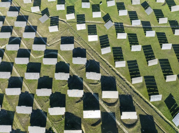 Rows of solar panels at a photovoltaic plant near town of Espejo. Aerial view. Drone shot. Córdoba
