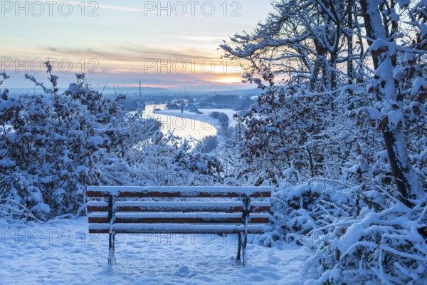 Scharfenberg vantage point on a winter morning at sunrise, view of the Elbe valley as far as