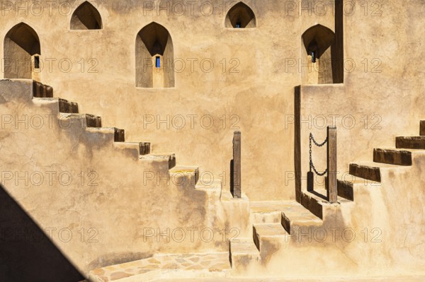 Staircases and embrasures in the palace fortress of Jabrin, Jabrin, near the city of Bahla, Arabian