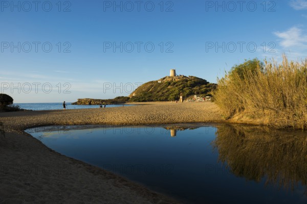 Sandy beach beach and blue sea, sunrise, Spiaggia di Su Portu, Torre di Chia, Chia, south coast,