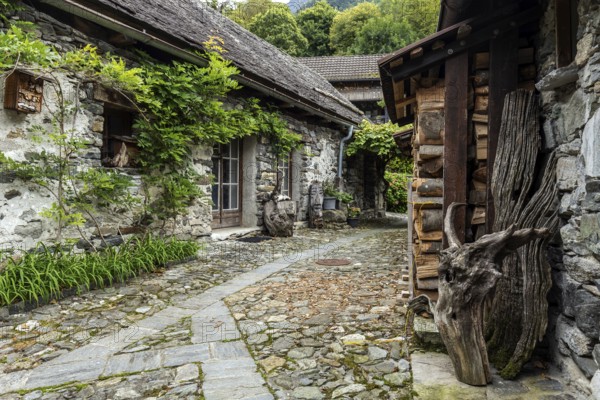 Typical Ticino stone houses in the mountain village of Bordei, Centovalli, Canton Ticino,