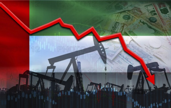 Oil crisis with Dubai flag on economic graph. Dubai Oil production crisis