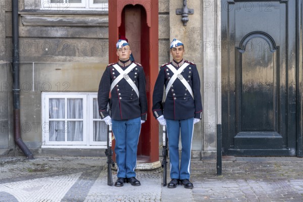 Guards at Amalienborg Palace in Copenhagen, Denmark, Europe