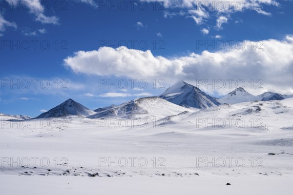 Snowy landscape with mountains along the Pamir Highway, Gorno-Badakhshan Province, Tajikistan,