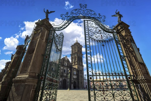 Mexico, Puebla Cathedral on the central Zocalo plaza in historic city center., Central America