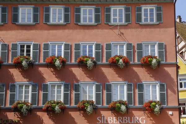 Historic old town, market square, house, Silberburg lettering, shutters, floral decorations,