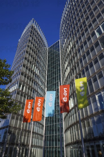 Essen, North Rhine-Westphalia, Germany, E.ON headquarters. e.on company logos on flags in front of