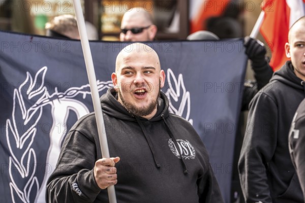The neo-Nazi group Jung und Stark, JS, demonstrates in the city centre of Essen, demanding the