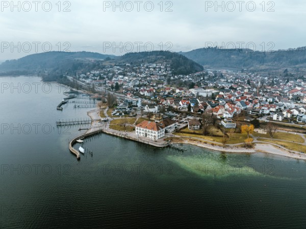 Aerial view of Lake Constance with the municipality of Bodman-Ludwigshafen with the marina and old
