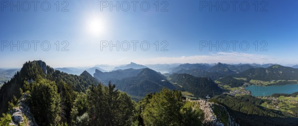 Drone shot, summit cross on the Frauenkopf with a view of Lake Fuschl, Osterhorn group,