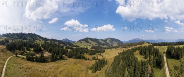 Drone shot of the Illingeralm with a view of the Pillsteinhöhe and Zwölferhorn, Osterhorn group,