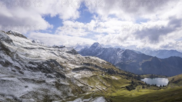 Panorama from Zeigersattel to Seealpsee, in the back left Höfats 2259m, Allgäu Alps, Allgäu,