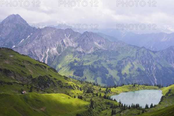Panorama from Zeigersattel to Seealpsee, in the back left Höfats 2259m, Allgäu Alps, Allgäu,