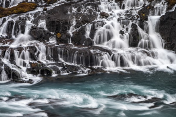 Hraunfossar, waterfalls in autumn, river Hvítá, West Iceland, Vesturland, Iceland, Europe