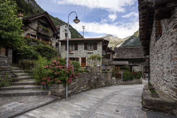 Typical Ticino stone houses in the village of Sonogno, Verzasca Valley, Valle Verzasca, Canton