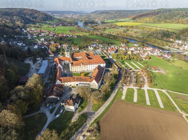Aerial view of Plankstetten with Benedictine Abbey, Plankstetten, Berching, Bavaria, Germany,