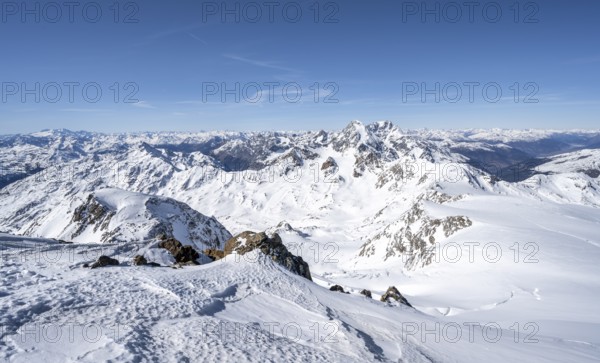 View from the summit of Monte Cevedale, mountain panorama with summit Königsspitze and Ortler,