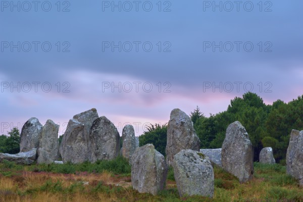 Neolithic menhirs, standing stones in Carnac with dramatic stormy sky, Carnac, Quiberon, Morbihan,