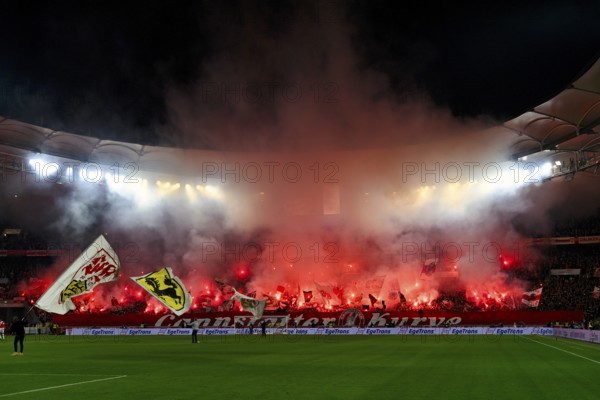 Cannstatter Kurve VfB Stuttgart, fan block, fans, fan curve, flags, flags, atmosphere, atmospheric