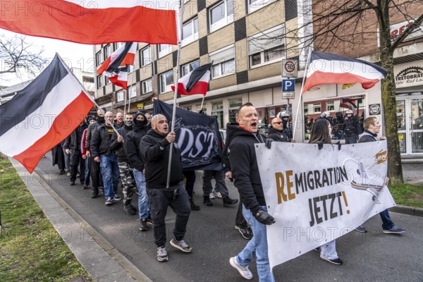 The neo-Nazi group Jung und Stark, JS, demonstrates in the city centre of Essen, demanding the
