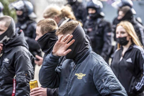 The neo-Nazi group Jung und Stark, JS, demonstrates in the city centre of Essen, demanding the
