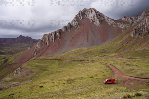 Offroad camper van in the Peruvian Andes, Pallay Punchu Rainbowmountain, Layo, Peru, South America