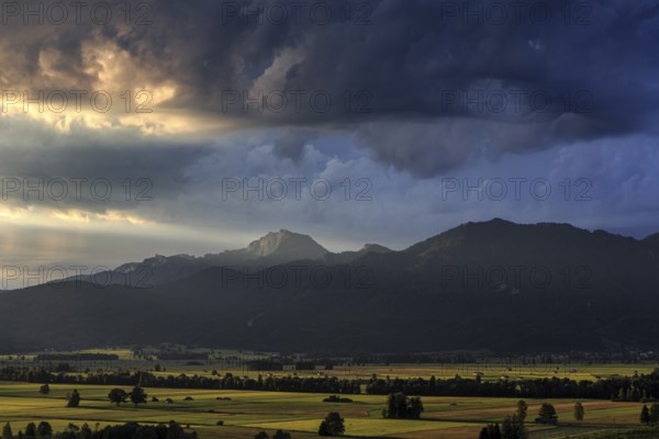 Cloudy mood, morning light, mountain landscape, summer, Loisach-Lake Kochel moor, Benediktenwand,