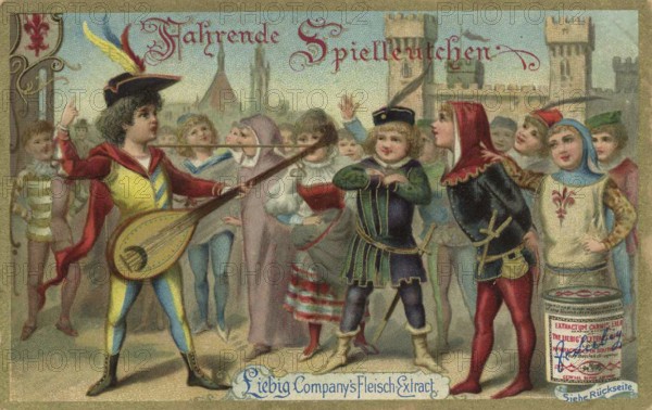 Picture series Children as travelling minstrels, Liebig picture, digitally restored reproduction of