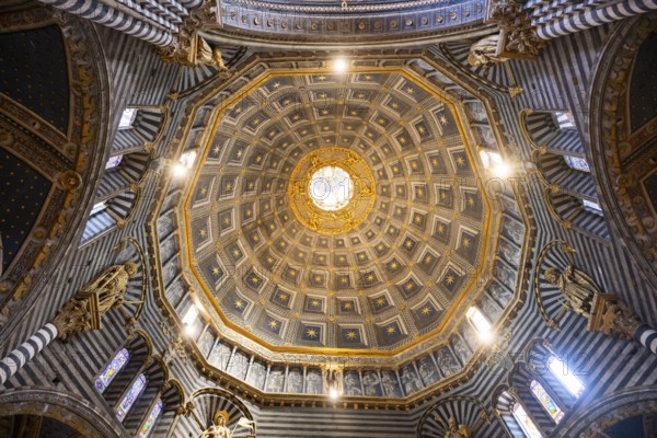 The dome of the cathedral with starry sky and black and white striped marble columns and round