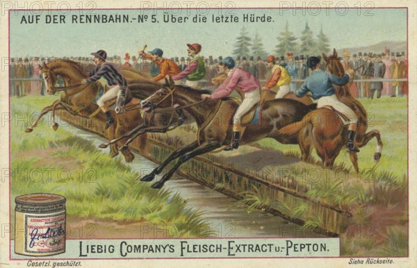 Picture series On the racecourse, over the last hurdle, Liebig picture, digitally restored