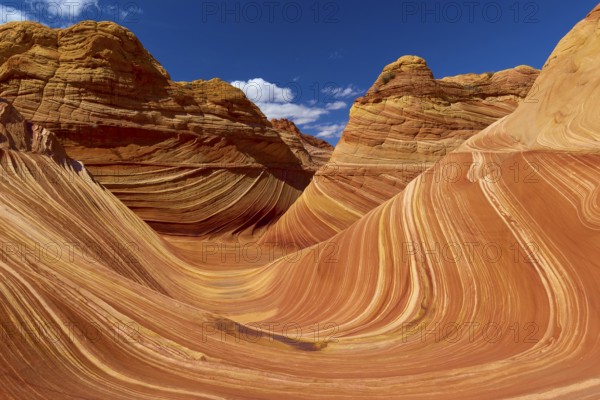 The Wave, impressive sandstone formation with wave-like patterns in various shades of red and