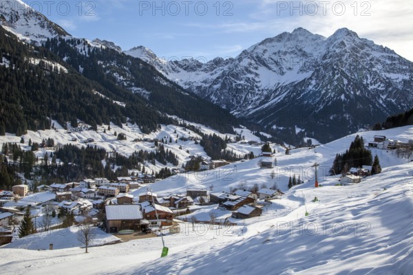Snowy landscape, behind Widderstein and Kleiner Widderstein, near Mittelberg, Kleinwalsertal,
