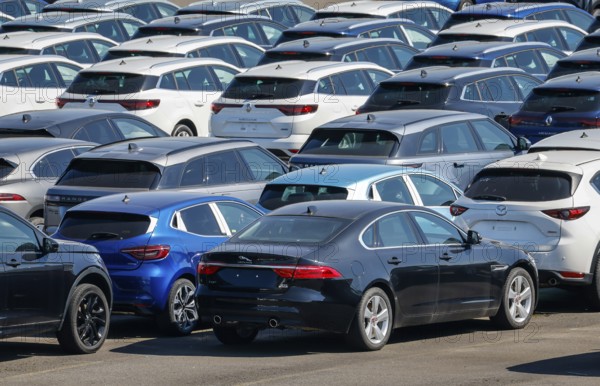 Duisburg, North Rhine-Westphalia, Germany - New cars, transhipment centre, car terminal in Duisburg