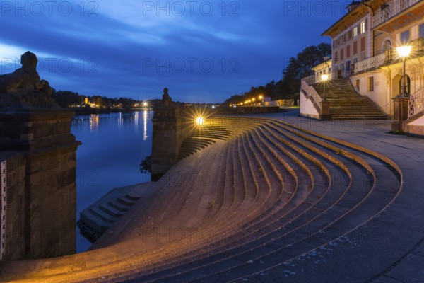 Staircase to the Elbe at the Water Palace of Pillnitz Castle at dusk, Dresden, Saxony, Germany,