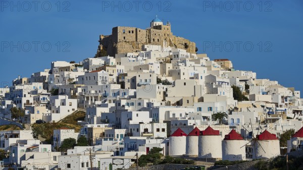Whitewashed town with red windmill roofs, dominated by a castle, Querini Castle, Chora, Astypalea,